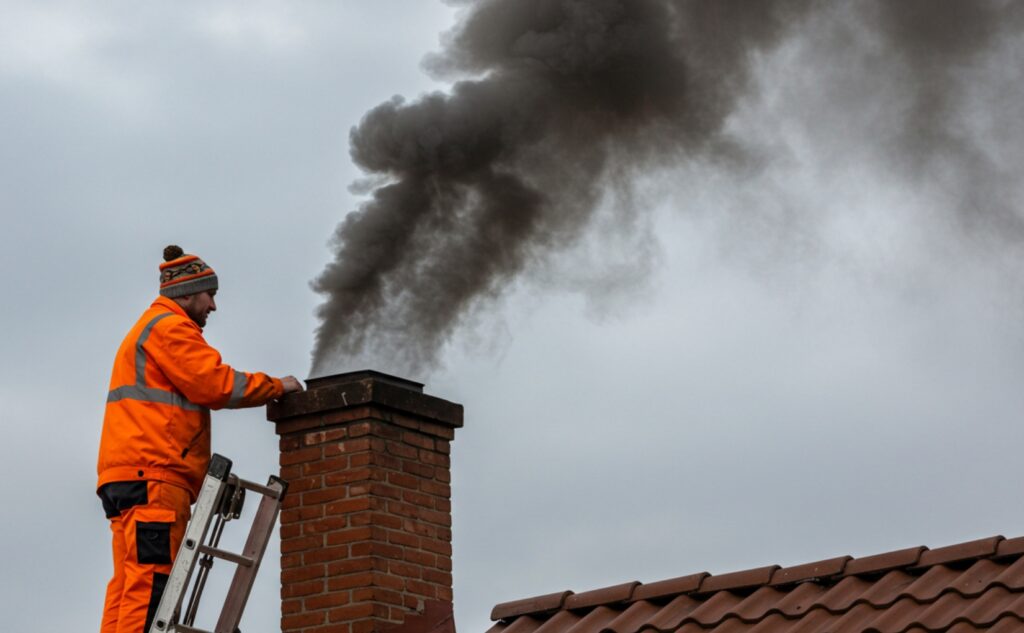 A professional chimney sweep in an orange uniform and knit hat standing on a ladder next to a smoking brick chimney. The cloudy sky creates a dramatic backdrop, emphasizing the importance of chimney maintenance and addressing hazards. Showcasing what a chimney sweep does to keep homes safe and efficient.