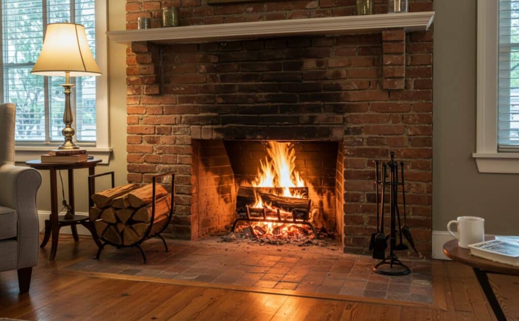 A brick fireplace with a crackling fire, surrounded by a small stack of seasoned firewood on a metal rack. The room features wooden floors, a soft armchair, a side table with a lamp and books, and another small table holding a coffee mug and a magazine. The blinds on the windows add a warm, homey touch.