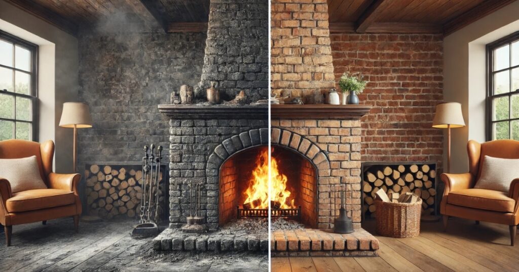 A split-screen comparison of a fireplace before and after cleaning. The left side shows a soot-filled, dirty fireplace, while the right side displays a clean, restored fireplace with a glowing fire.