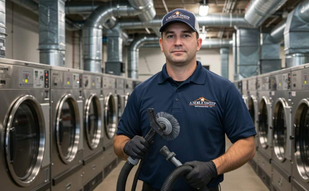 A professional dryer vent cleaning technician in a navy blue uniform stands in a commercial laundry facility, holding a rotary brush and vacuum hose. Rows of large stainless steel industrial dryers and overhead metal ductwork are visible in the background, emphasizing a clean and modern setting. The image highlights expertise in commercial dryer vent cleaning services, ensuring fire safety and efficiency.