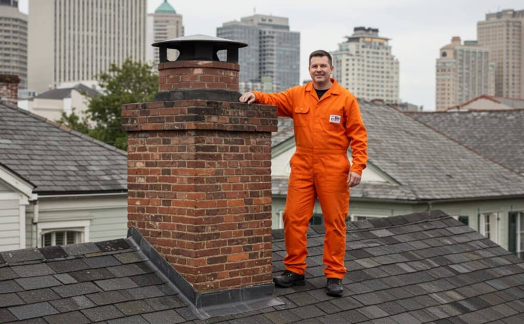 A professional chimney sweep in a bright orange uniform standing confidently on a roof next to a clean brick chimney in a New Orleans neighborhood. The skyline and traditional homes in the background emphasize the local setting, showcasing expertise and professionalism in chimney maintenance.