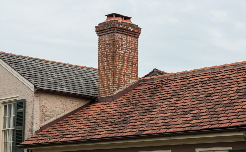 A prominent brick chimney on a French Quarter home with a red Spanish tile roof, illustrating what a chimney sweep does to ensure safety and efficiency.