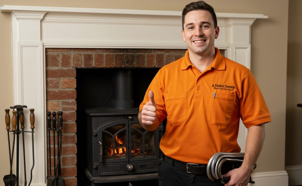 A professional A Noble Sweep employee wearing a soft orange uniform with the company logo, standing in front of a clean brick fireplace. The employee is smiling and giving a thumbs-up, holding chimney cleaning tools, showcasing satisfaction and professionalism after completing a routine chimney cleaning.