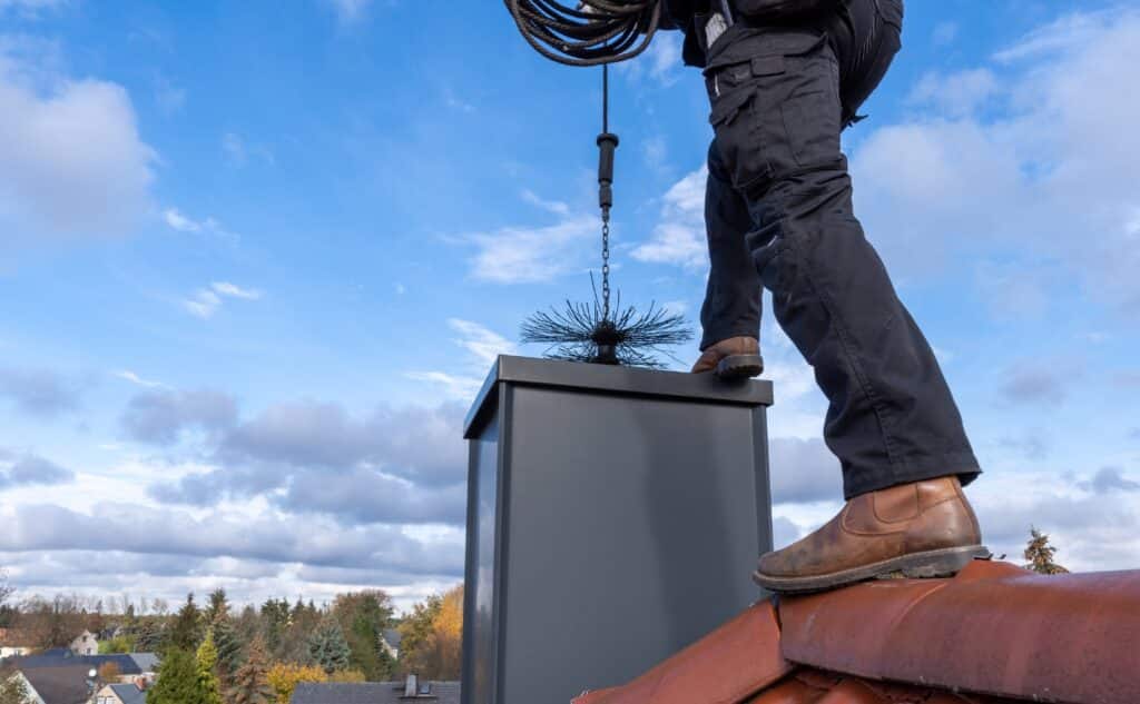 A professional chimney sweep standing on a rooftop, using a rotary brush to clean a chimney under a bright blue sky. The technician wears durable work gear and boots, ensuring safety while maintaining the chimney. This image highlights the importance of professional chimney cleaning services for fire prevention and home safety.