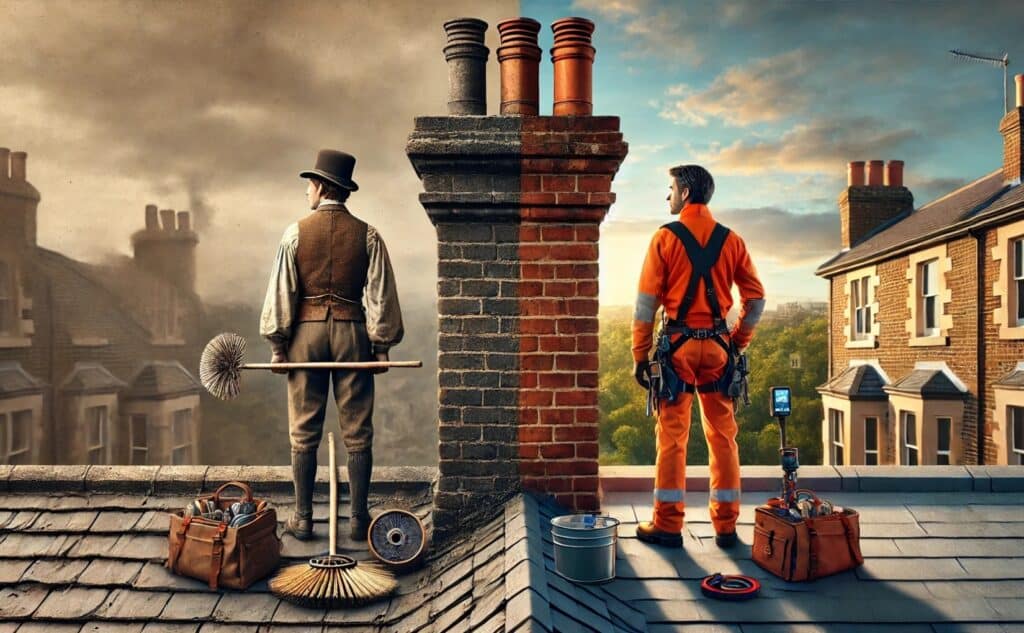 A split-screen image illustrating the evolution of chimney sweeping. The left side shows a traditional 19th-century chimney sweep with vintage tools, while the right side displays a modern sweep with advanced equipment, highlighting the profession's progression.