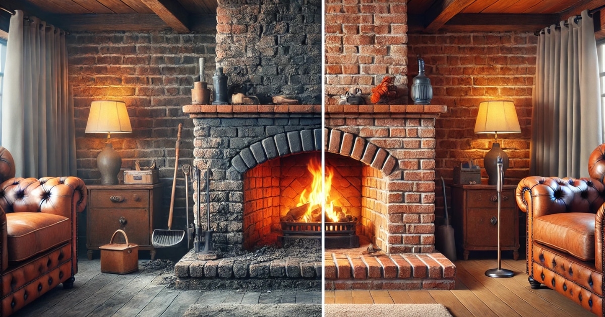 A split-screen image showing a brick fireplace transformation. The left side depicts a dirty fireplace with soot buildup, while the right side showcases a professionally cleaned fireplace with vibrant bricks and a glowing fire, emphasizing the value of professional chimney sweeping.