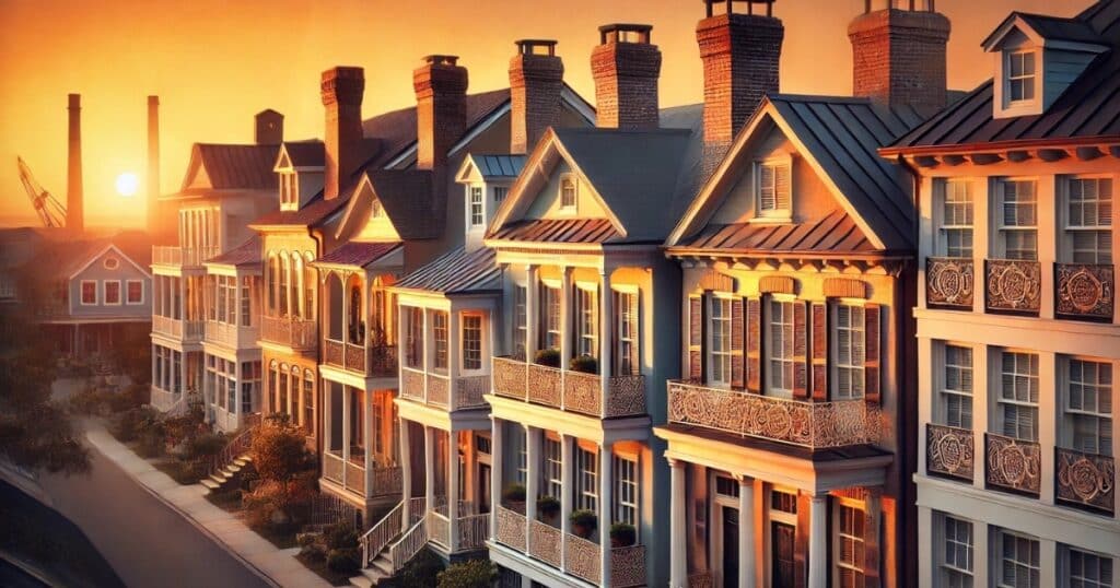 A row of classic Gulf Coast homes at sunset, with colorful facades, wrought-iron balconies, and well-maintained brick chimneys glowing in the warm light, showcasing architectural charm and local history.