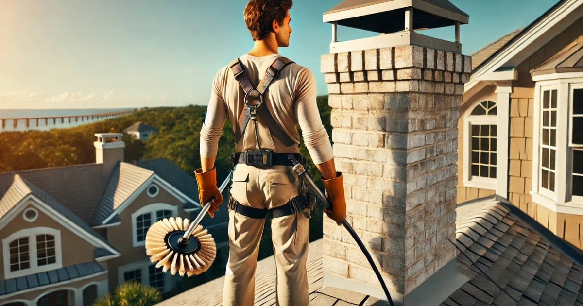 A professional chimney sweep standing securely on a sloped roof, wearing safety gear and holding a rotary brush. The background features a clean brick chimney and a scenic Gulf Coast neighborhood, symbolizing expertise and care.