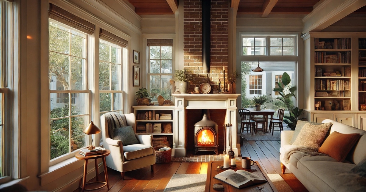 A cozy living room with a modern brick fireplace, surrounded by large windows letting in natural light. The space features comfortable seating, bookshelves, and lush outdoor views, evoking an inviting Uptown New Orleans atmosphere.