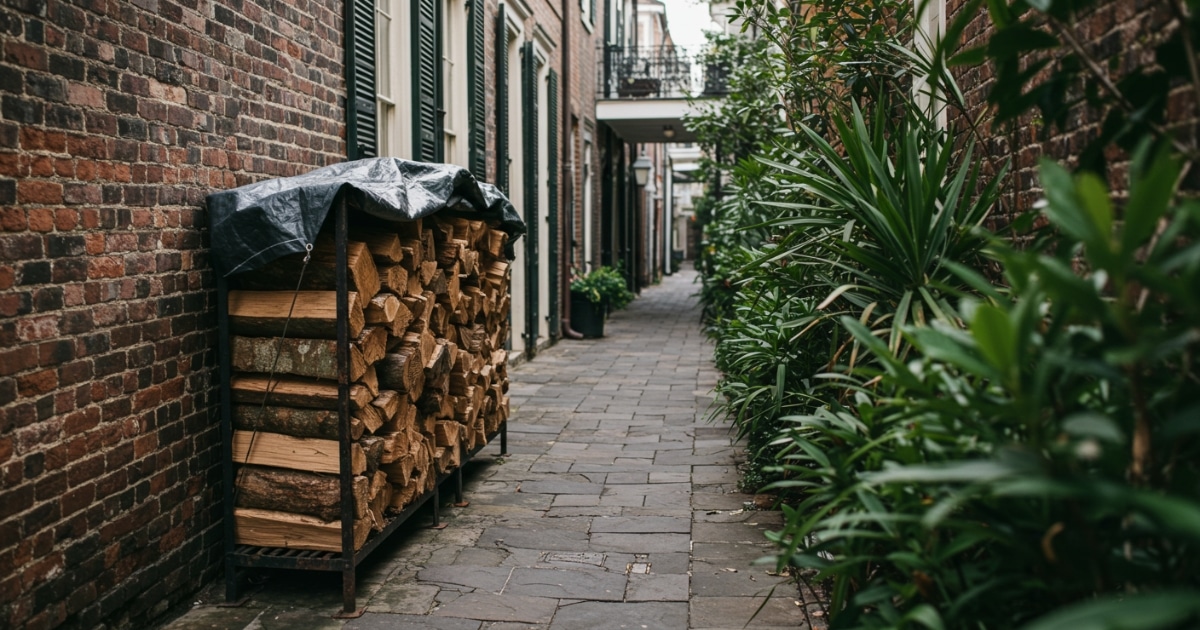 A stack of seasoned firewood neatly arranged on a raised metal rack in a narrow brick alleyway between two New Orleans-style homes. The wood is partially covered with a black tarp for protection, while lush green plants line the alley, adding charm to the functional storage setup.