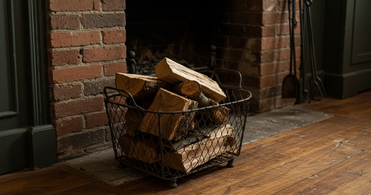 A rustic metal basket filled with neatly arranged seasoned firewood sits on a wooden floor near a brick fireplace in a New Orleans-style home. The firewood, cut into small, even logs, is ready for use, creating a cozy and inviting atmosphere in the living space.