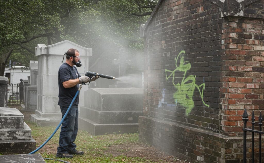 A dustless blasting technician removes graffiti from an old brick tomb in a historic New Orleans cemetery. The technician, wearing protective goggles, gloves, and a respirator mask, directs a high-pressure mist at the graffiti, which is painted in bright green over a blackened brick surface. The fine mist from the blasting machine visibly strips away the paint, revealing the original aged brick underneath. Surrounding the scene are classic stone tombs, iron fences, and large oak trees draped with Spanish moss, emphasizing the historic setting