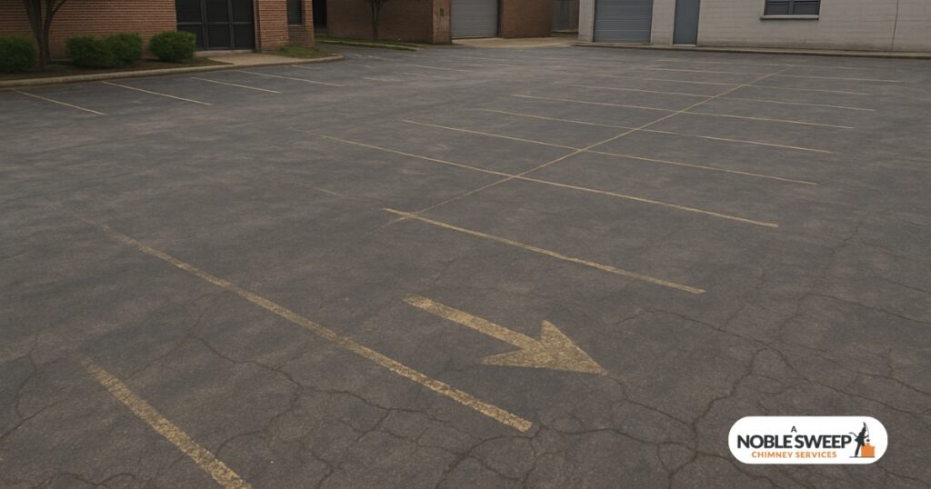 Old parking lot in New Orleans with faded yellow lines and cracked asphalt in need of stripe removal