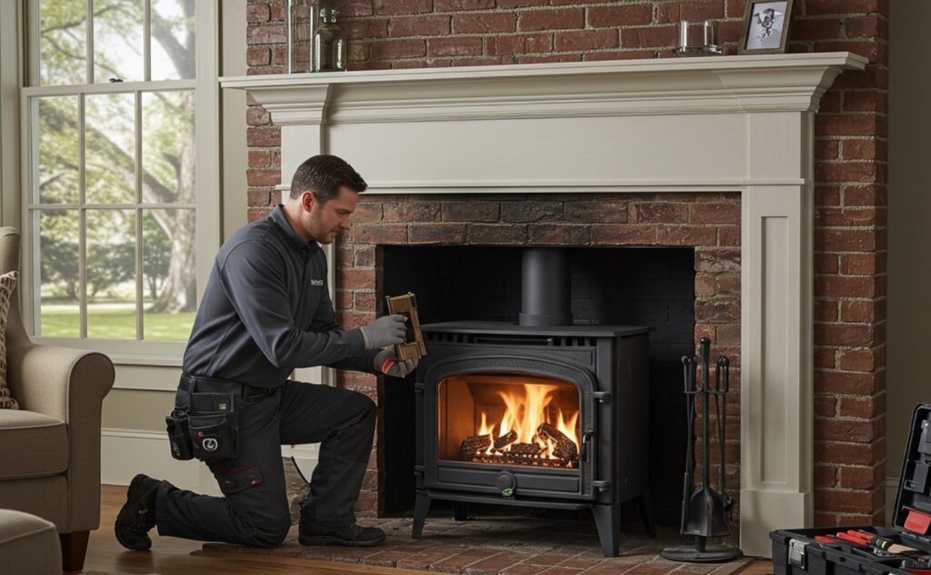 Technician installing a gas fireplace insert in a traditional brick hearth inside a cozy living room, representing expert fireplace insert repair and installation services by A Noble Sweep.