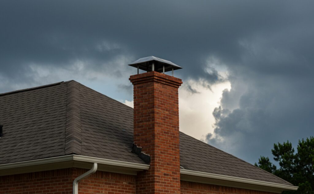 Red brick chimney with a metal cap on a residential roof under dark storm clouds, illustrating the importance of chimney inspection before hurricane season.